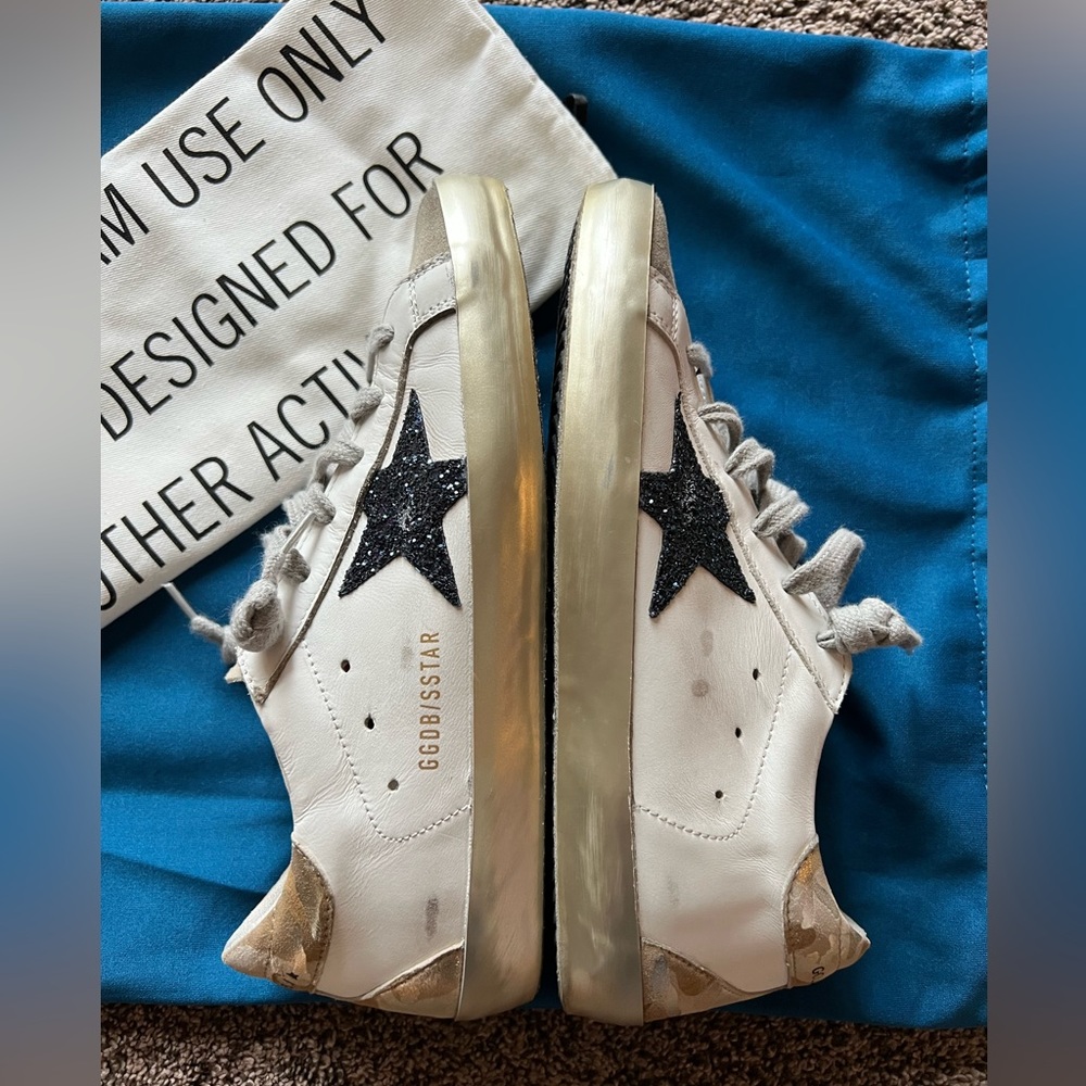 Golden Goose Super-Star White Gold Camo Blue Glitter Sneakers Size 8 38 Worn 5x - Picture 2 of 7